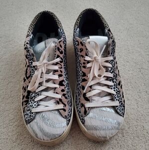 P448 Silver Animal Print Calf Hair Lace Up Low Top John Sneaker Shoes sz37/7